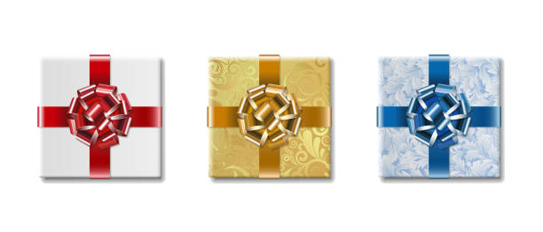 три подарочные коробки с бантами. векторная иллюстрация на белом - gift christmas christmas present three objects stock illustrations