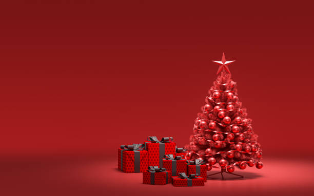 istock Gift boxes on the ground and Single Christmas tree with monochrome solid red color in red background with copy space, 3d rendering 1290640125