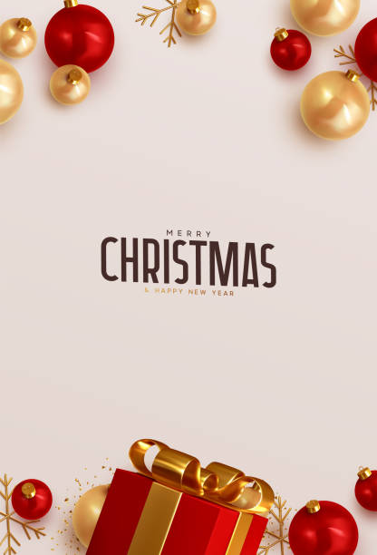 Christmas poster, holiday banner. Greeting card Merry Christmas and Happy New Year. Xmas Background design red realistic gifts box, golden balls and glitter gold confetti. Christmas poster, holiday banner. Greeting card 3 d glasses stock illustrations