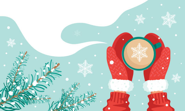 Cup with a hot drink and hands in red mittens top view Cup with a hot drink and hands in red mittens top view, snowflakes and fir branches. The concept of winter New Year and Christmas comfort. Vector stock illustration with copy space. Knitted Gloves stock illustrations