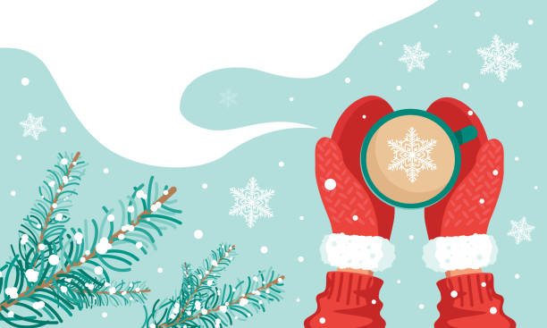 Cup with a hot drink and hands in red mittens top view Cup with a hot drink and hands in red mittens top view, snowflakes and fir branches. The concept of winter New Year and Christmas comfort. Vector stock illustration with copy space. cup of tea hands stock illustrations