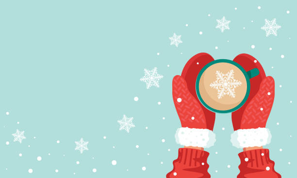 ilustrações de stock, clip art, desenhos animados e ícones de cup with a hot drink and hands in red mittens - christmas snow child winter
