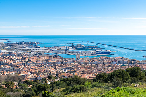 Sète in France, aerial panorama of the harbor and the city