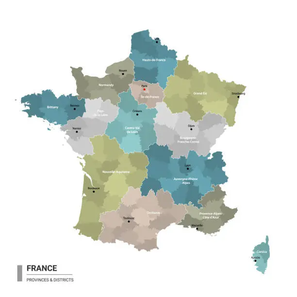 Vector illustration of France higt detailed map with subdivisions. Administrative map of France with districts and cities name, colored by states and administrative districts. Vector illustration.