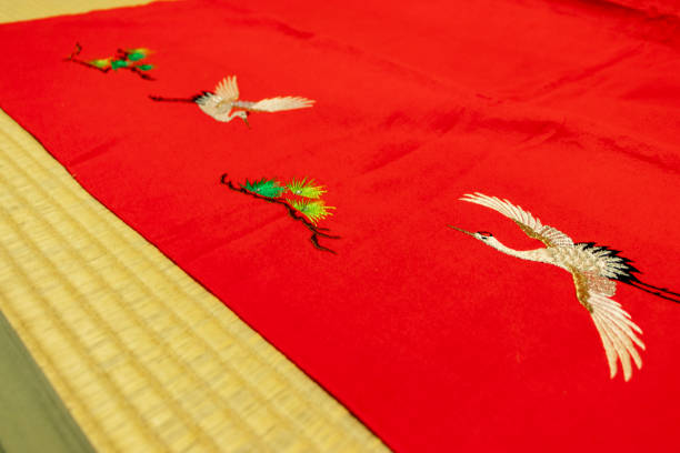 istock Japanese traditional red felt on tatami mat 1290654500