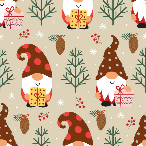 seamless pattern with Christmas gnomes and Christmas trees vector art illustration