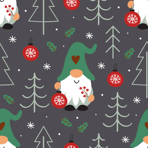 seamless pattern with  Christmas gnome, Christmas trees and Christmas ball vector art illustration