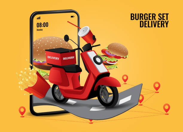 istock Vector illustration of burger set mobile online delivery service 1290659019