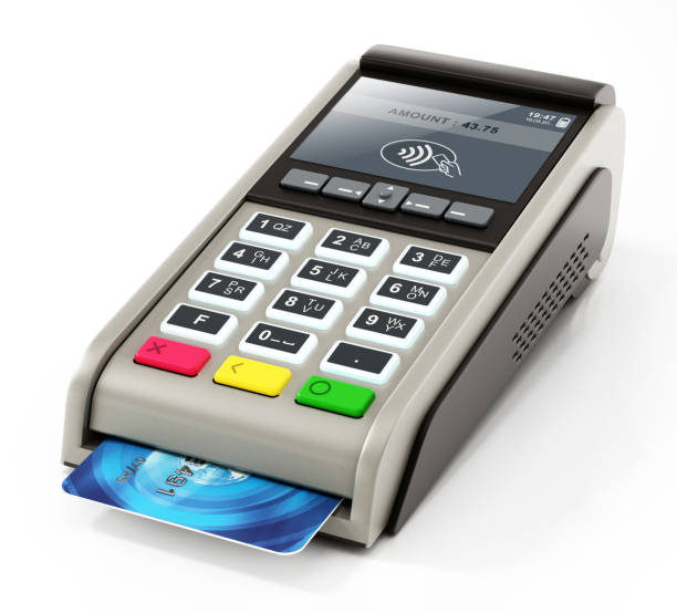 istock Generic 3D illustration of a POS terminal with credit card isolated on white 1290664959