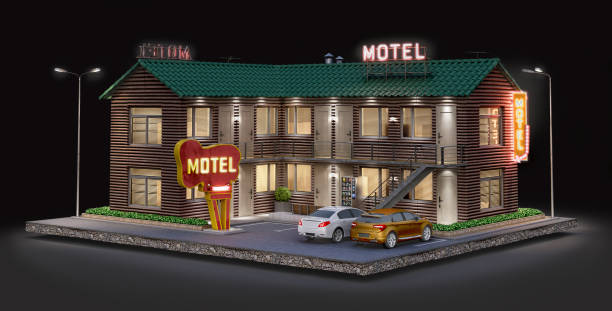 istock Well-illuminated roadside motel bulding at night, 3d illustration 1290665445