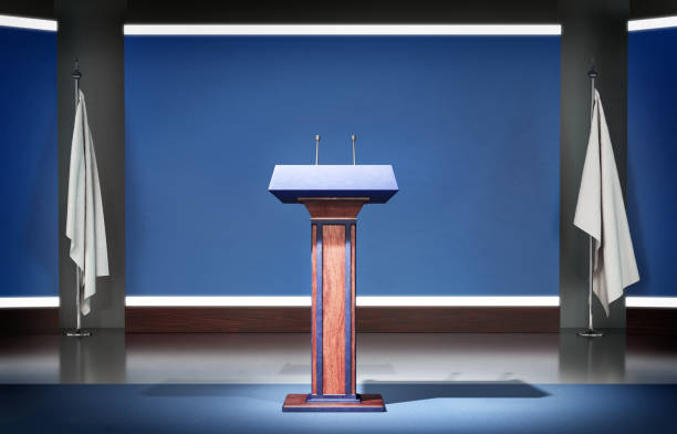 Tribune for speaking on a blue background 3d illustration Tribune for speaking on a blue background 3d illustration lectern stock pictures, royalty-free photos & images