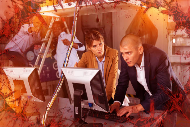 istock Multiracial people in quest room  with special light effects 1290666394