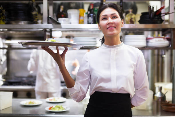 istock Smiling waitress with ordered dishes in kitchen of restaurant 1290671261