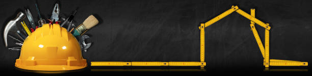 Safety Work Helmet with Work Tools and Folding Ruler in the Shape of House