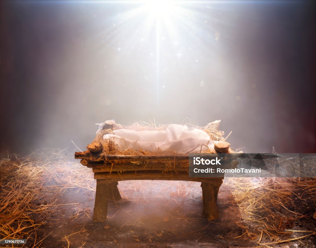 Waiting For The Messiah - Empty Manger With Light Falling On It Jesus Christ Stock Photo
