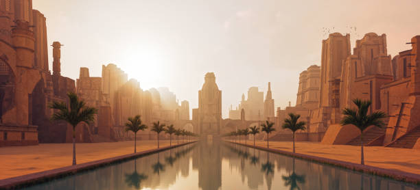 Fantasy Desert City Morning Cinematic shot of a fantasy desert city in the morning. Digitally generated image. morocco landscape stock pictures, royalty-free photos & images