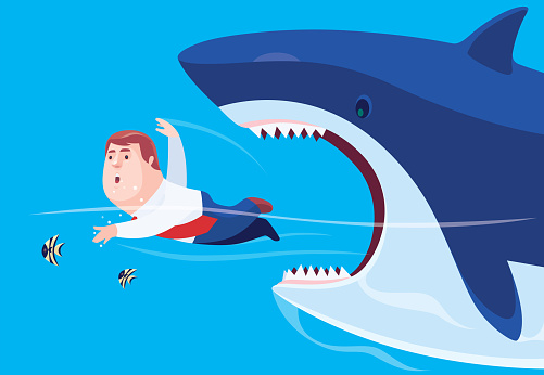 vector illustration of big shark going to eat businessman