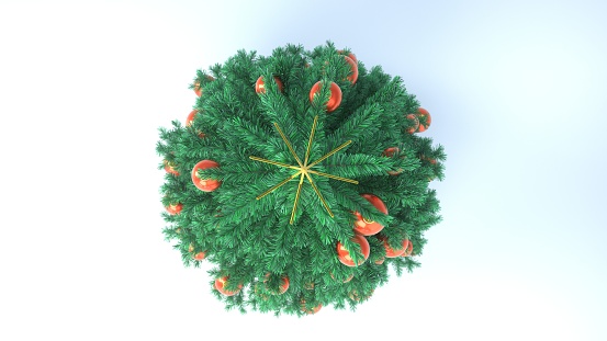Green christmas tree with red baubles on the bright background. 3d illustration.