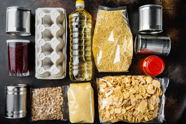 istock Food set for home delivery or donation, flat lay, on old dark table 1290674577