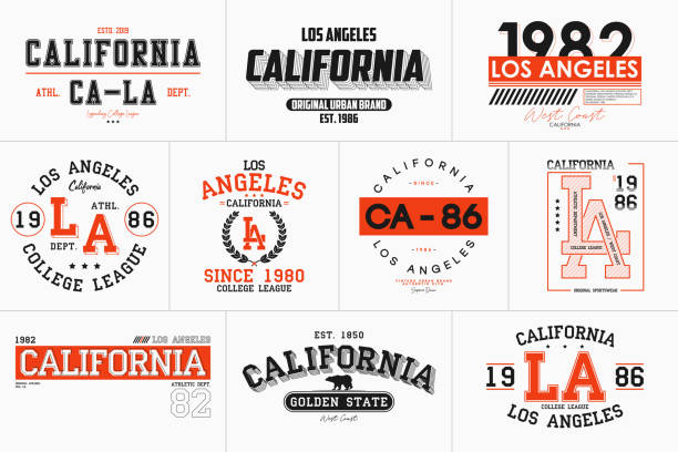 Set of California, Los Angeles prints for t-shirt. Typography graphics for college tee shirt. LA stamp collection for varsity apparel design. Vector.