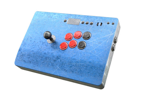 istock Vintage used arcade stick with joystick and tournament buttons and scratches 1290674607
