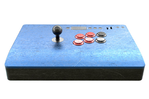 Vintage used arcade stick with joystick and tournament grade buttons and scratches isolated on white background. 3D rendering of cybersport hardcore gaming and e-sport tournament concept