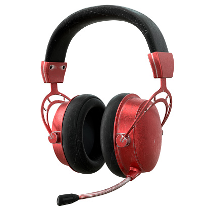 Used metal gaming headphones with microphone and scratches isolated on white background. 3D rendering of of cybersport hardcore gaming and e-sport tournament concept