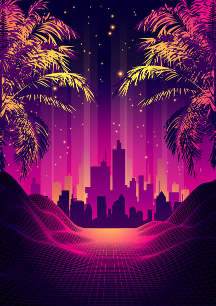 istock Retro Futuristic Background 1980s Style with Palms 1290675644