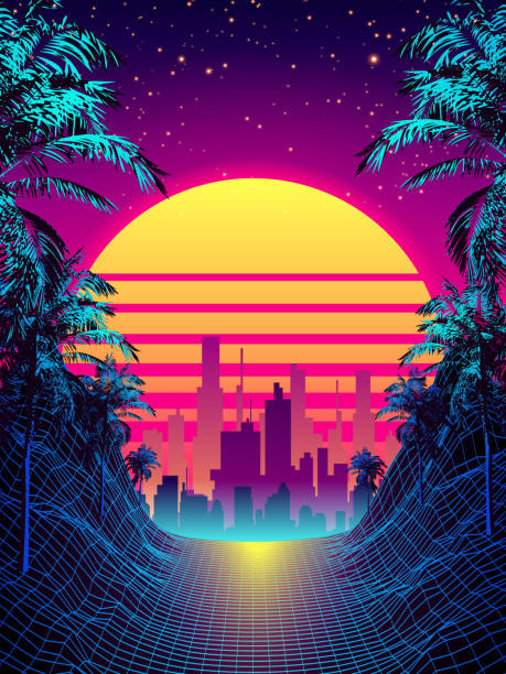 istock Retro Futuristic Background 1980s Style with Palms 1290675669