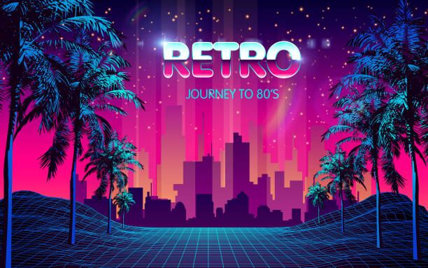 istock Retro Futuristic Background 1980s Style with Palms 1290675720