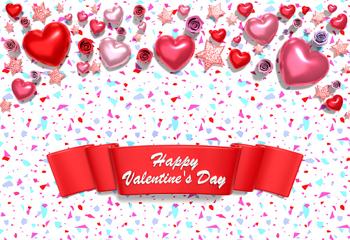 3d render of shiny colorful hearts with a ribbon and Happy Valentine’s Day title against white background. Easy to crop for all your social media and print needs. Valentines day, party, birthday, love and romance concepts.