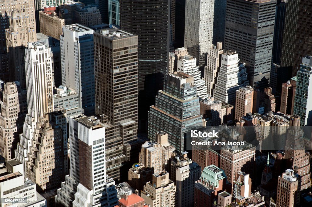 Detailed aerial shot of famous New York skyscrapers, Manhattan, NYC, USA Detailed aerial shot of famous New York skyscrapers, impressive vertical architecture and real estate portfolio, headquarters of the most iconic businesses and brands in the world, Manhattan, NYC, USA. New York City Stock Photo