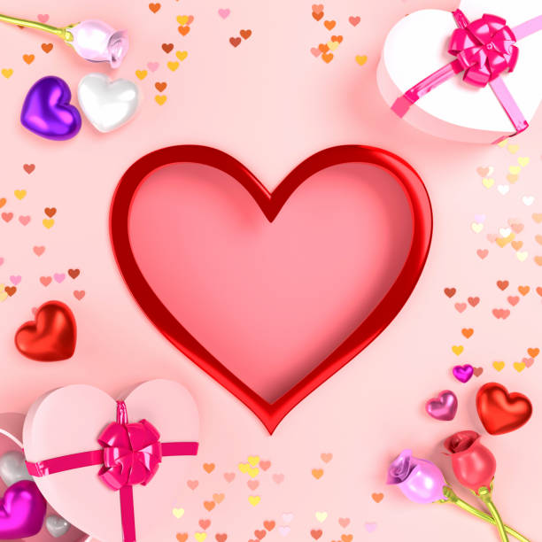 istock Shiny Colorful Hearts and Big Red Heart Frame with Gift Boxes on Pink 1290677427