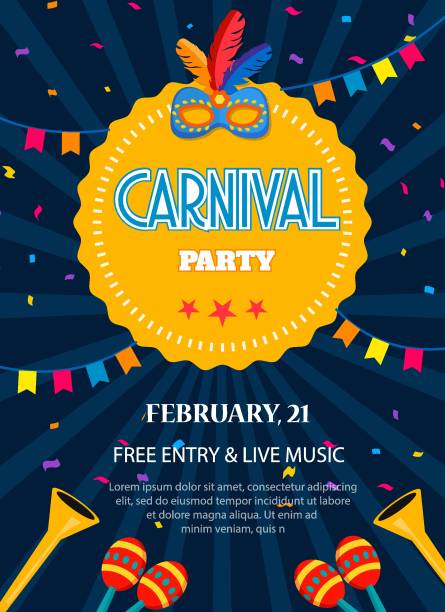 Carnival party poster or flyer with masks, confetti, pennants etc. Event celebration vector illustration vector art illustration