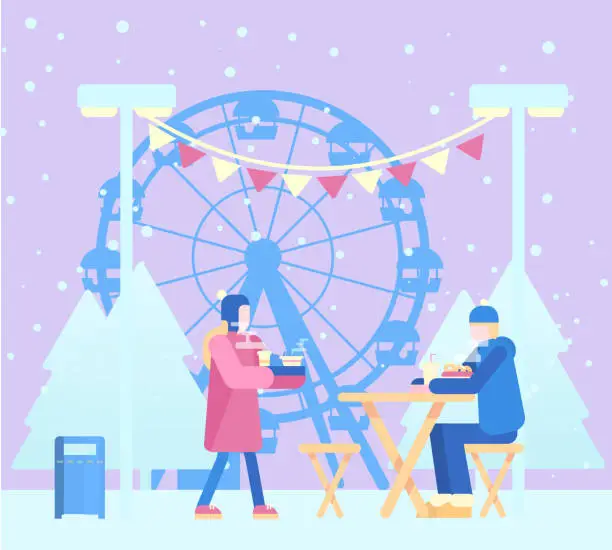 Vector illustration of Winter scene with people in the amusement park eating outside.