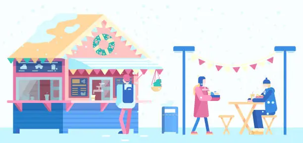 Vector illustration of Winter scene with people in the amusement park.