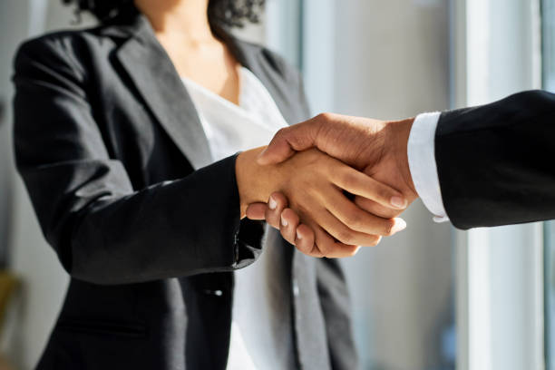 Make millions when you both bring gold to the table Shot of a businessman and businesswoman shaking hands in a modern office global business handshake stock pictures, royalty-free photos & images