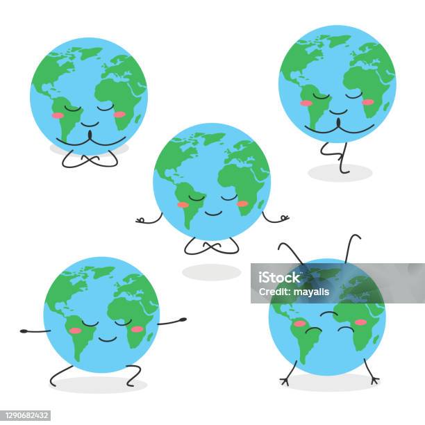 Funny Cartoon Earth Planet Character Practicing Yoga Stock Illustration -  Download Image Now - iStock