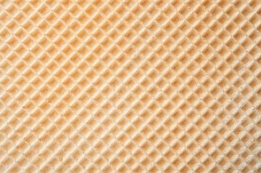 Empty wafer texture as background. Closeup view of golden waffle. Top view with place for text