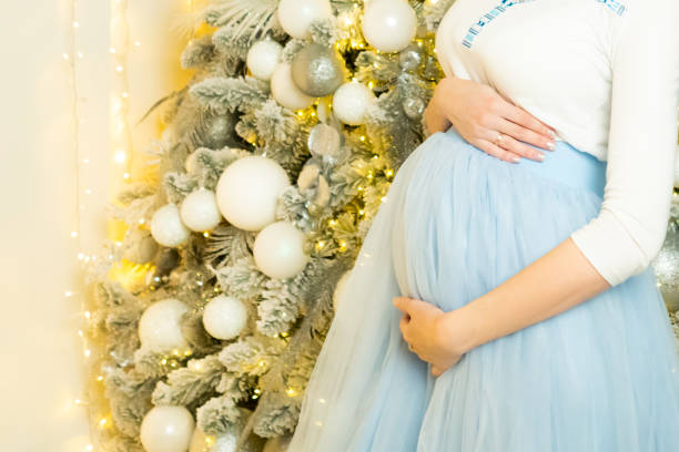 Female hands gently hug the pregnant belly. Female hands gently hug the pregnant belly. Christmas fir tree with decorations in the background. Waiting for the birth of a child. cute pregnant woman with gift stock pictures, royalty-free photos & images