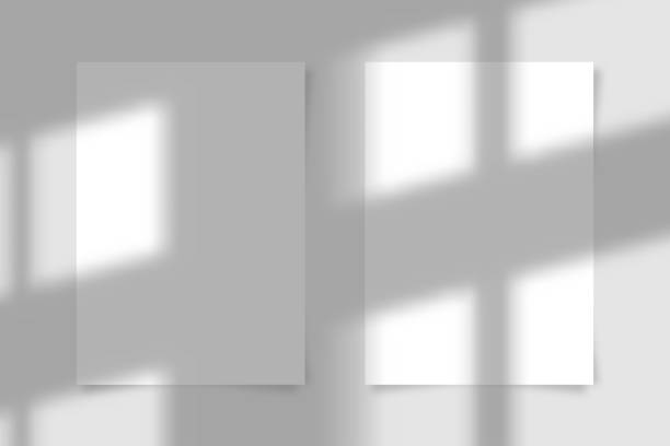 istock Two A4 paper sheet with transparent overlay shadow from the window and jalousie. Photo-realistic illustration. Minimalist scene mockup. 1290684988
