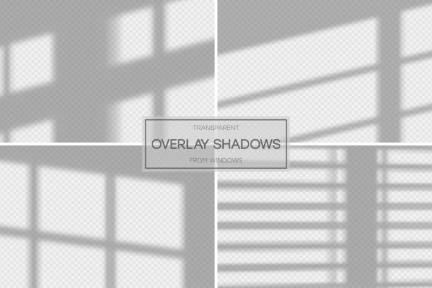 efekt nakładki cienia. zestaw przezroczystego cienia nakładki z okna i jalousie. realistyczny efekt miękkiego światła cieni i naturalnych błyskawic na przezroczystym tle. - shadow stock illustrations