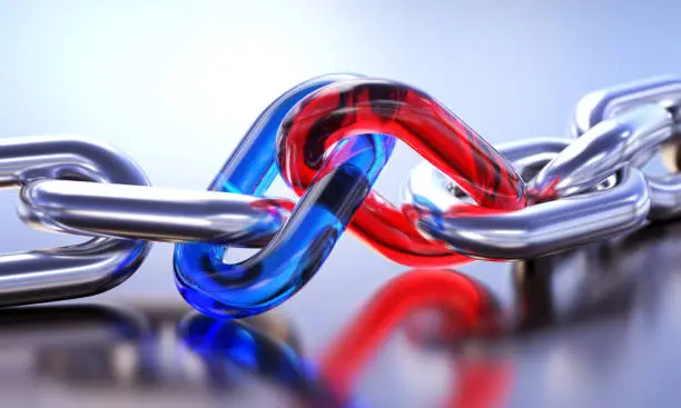 Blue and red links with silver chain. Teamwork concept