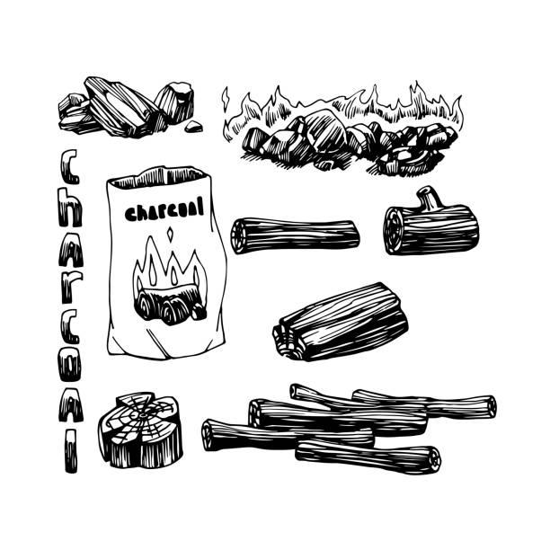 zestaw węgla, węgiel drzewny, drewno opałowe do kominka lub grilla, logo, godło, dekoracja, czarny atrament doodle - wood cutting chopping fireplace stock illustrations
