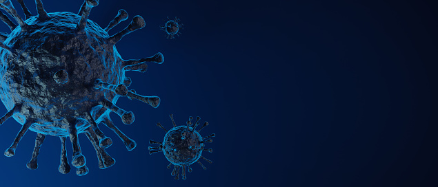 Microscope of Coronavirus disease. Blue COVID-19. Pandemic medical concept. 3D rendering illustration.