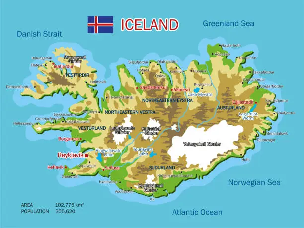 Vector illustration of Vector color geographic and administrative map of Iceland with rivers, lakes and oceans, mountains and plains, regions and cities