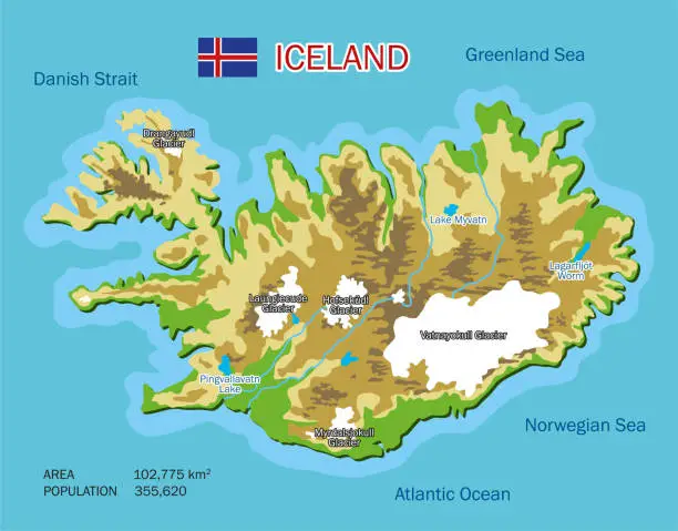 Vector illustration of Vector color geographic map of Iceland with rivers, lakes and oceans, mountains and plains