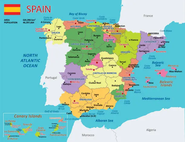 Vector illustration of Vector color administrative map of Spain with regions, districts, cities and capitals