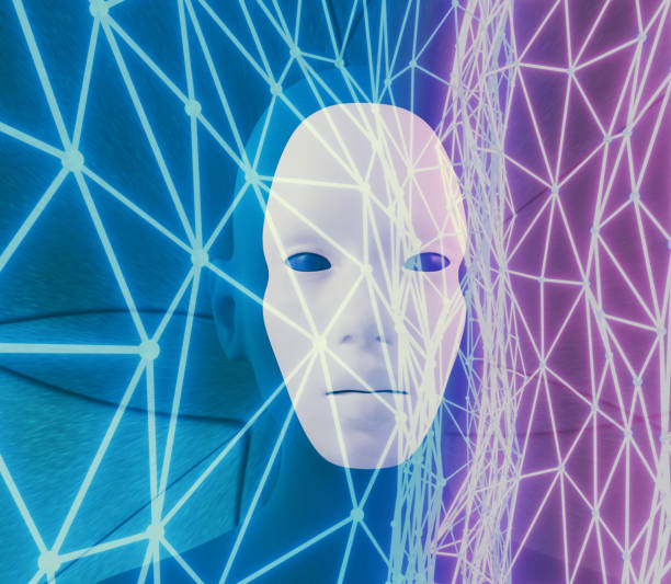 istock Robot face, futuristic background, hi-tech concept. Artificial Intelligence. A futuristic business background featuring an avatars face. 3d illustration 1290692013