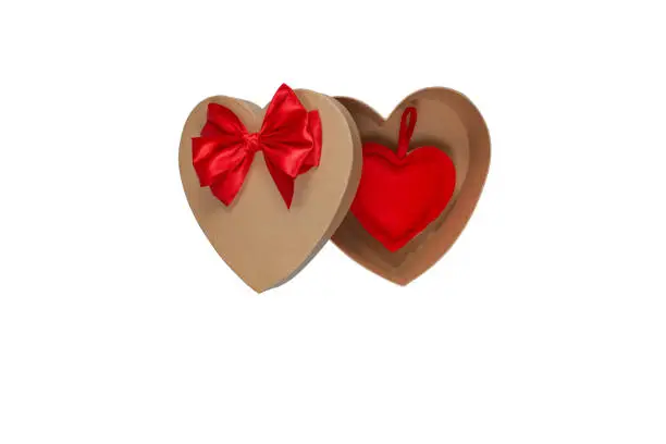 Heart shaped open gift box with red bow with heart inside. Isolate. Valentine's Day Gift.